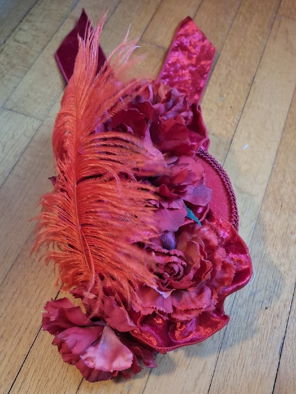 VINTAGE Red Velvet Floral Feather Headpiece